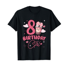 Happy 8th Birthday Girl Cute Pink Bow Bubble Boba Tea Anime T-Shirt