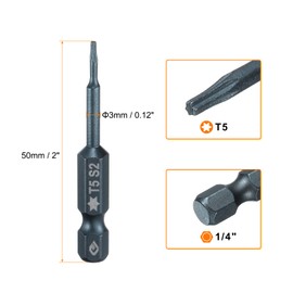 HARFINGTON 3pcs T5 Torx Screwdriver Bit 1/4" Hex Shank 2" Long S2 Steel Magnetic 6 Point Screw Driver Bits Industrial Grade Tamper Proof Star Drill Bits with No Hole Torx Head