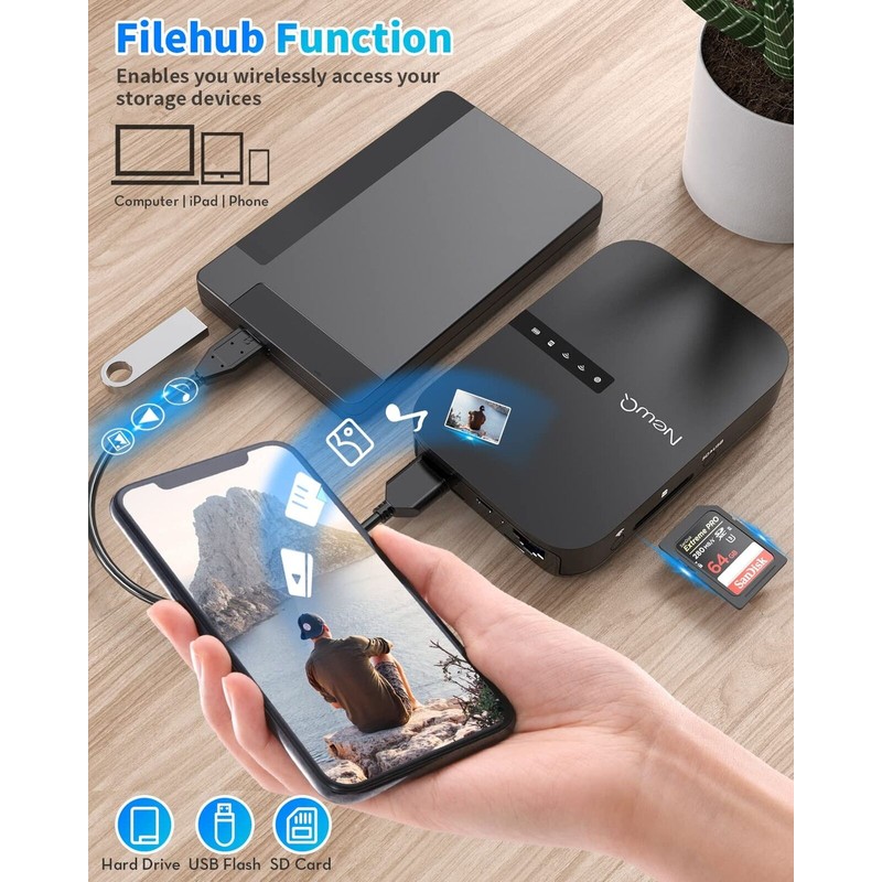 NewQ Filehub AC750 Travel Router: Portable Hard Drive SD Card