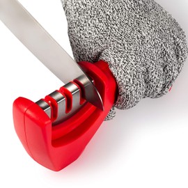 Cheer Collection 3-in-1 Knife Sharpener, Professional Blade Sharpening System for Restoring Kitchen Knives, Includes Cut Resistant Gloves (Red)