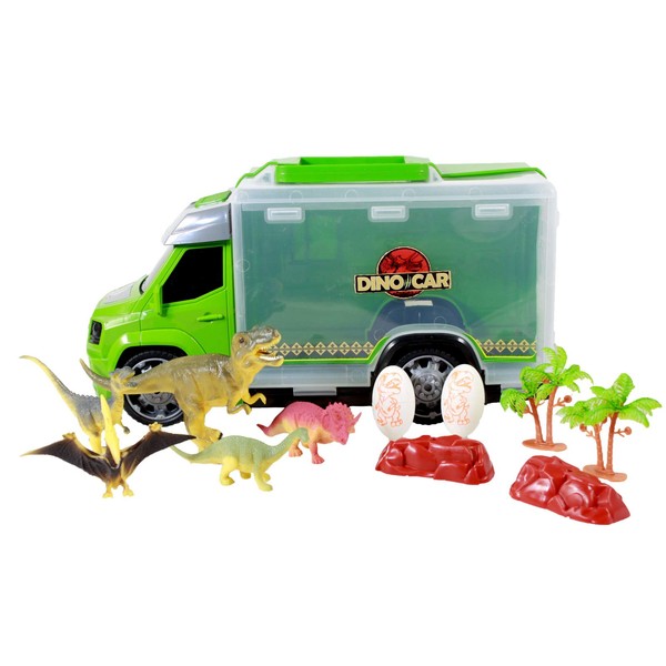 TychoTyke 12pc Dinosaur Toys Action Figures with Toy Truck Storage Playset, Lights Sounds, Green, Boys Ages 3+