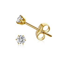 FOSIR 2-4MM Tiny Women's Stainless Steel Round Clear Cubic Zirconia Stud Earrings (3mm CZ, 14K Gold)