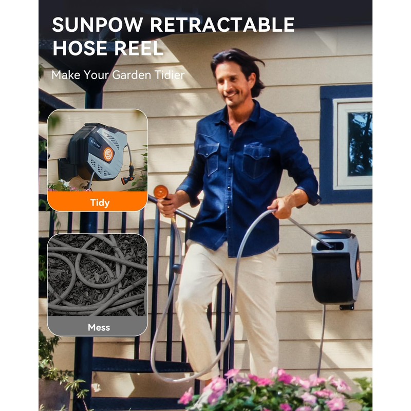 SUNPOW Retractable Garden Hose Reel - 1/2 inch x 50ft