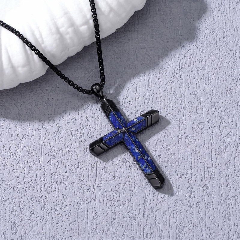 YYB Cross Necklace for Men Black Cross Lapis Lazuli Chain
