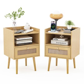 MECHYIN Rattan Nightstands Set of 2 with Charging Station, Bedside Tables Rattan Drawers Nightstands, Rattan End Table with Solid Wood Feet, Side Table Nightstands Sets for Bedroom