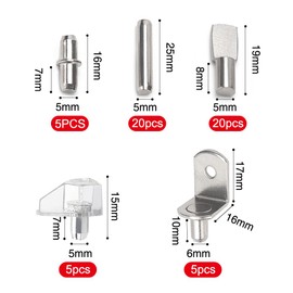 YIXISI 55 Pieces 5 Styles Shelf Support Shelf Brackets, Stainless Steel Shelf Support Pins Shelf Pins for Kitchen Cabinet Bookcase Furniture, 5 mm, 6 mm
