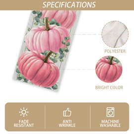 Linen Watercolor Pink Pumpkin Eucalyptus Fall Table Runner Farmhouse Fall Autumn Thanksgiving Harvest Festival Decorations and Supplies for Home Kitchen Table-13×72''