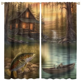 Hazuff Fishing Decor Curtains, Vintage Painting Style Rustic Cabin Pond Boat Fishing Bass Pattern Windows Treatments, Thermal Insulation Rod Pocket Drapes for Girls Boys Living Room Bedroom 42X45in