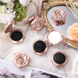 Sunnychicc 6 Pcs Rose Shape Travel Hair Brush with Makeup Mirror Mini Pocket Mirror Comb Portable Travel Folding Hair Brush for Women Hairstyles Bridal Shower Gift Party Favor(Rose Gold)