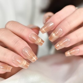 LINSSQ Shimmer Light Brown Press on Nails Cat Eye Gel Nail Tips, Medium Length Coffin False Nails, Glossy Manicure Reusable Fake Fingernails UV Gel Nail Art Tips for Daily Office Party