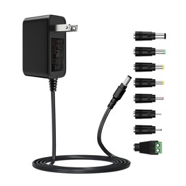 AKINGUAR 12V 2A Power Supply Adapter with 8 DC Connectors, AC 100-240V to DC 12V Transformer 2.1mm X 5.5mm US Plug, for CCTV Camera, Audio/Video, Router, Security Cameras, LED Lights