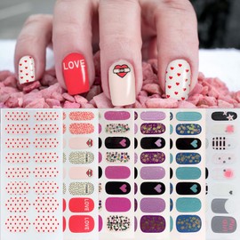 6 Sheets Valentine's Day Nail Wraps Full Stickers Nail Polish Strips, DIY Self-Adhesive Fashion Love Heart Nail Art Decals Party Women Decor with 1 Pcs Nail Files (96Pieces)