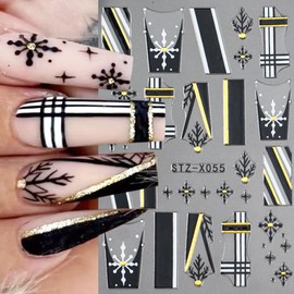 6 Sheets Christmas Snowflake Nail Decals 3D Self-Adhesive Xmas New Year Nail Supplies Black French Tip Nail Art Stickers Christmas Nail Stickers Winter Nail Design for Women Girls Manicure Decoration