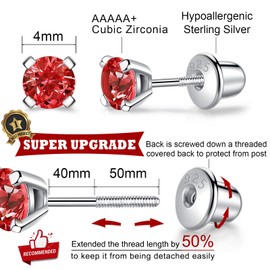 LUCKMORA 925 Sterling Silver Earrings Stud with Screwback Cubic Zirconia for Women Earring With Screw Backs CZ Hypoallergenic for Girls (CZ-Red)