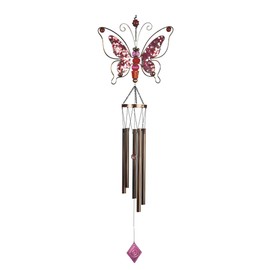 ICE ARMOR 42' Long Pink Metal Wired Butterfly Wind Chime with Gem Statue Sculpture Ornament Decoration Garden Decor Ideas for Housewarming, Holidays and Birthdays Great Collectible