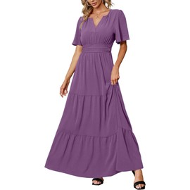 Amegoya Women's Spring Wedding Guest Maxi Dress Casual Short Sleeve Long Boho Dresses Flowy Empire Waist Elegant Dress (Prune Purple XL)