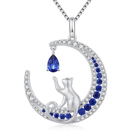 Cat Necklace, Cat Necklace for Women Cat Jewelry Silver Cat on Moon Necklace Sterling Silver Cat Necklace Diamond Cat Necklace Moon Cat Necklace Blue Cat Crystal Cubic Zirconia Necklaces Han han