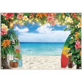 Luminora 7x5ft Fabric Summer Hawaiian Beach Backdrop Tropical Flower Surfboard Ocean Palm Leaves Background Luau Aloha Party Decorations Photo Banner Props