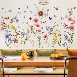 Philbinden Colorful Flower Wall Stickers with Butterfly and Bee 88 Pcs Removable Flower Wall Decals DIY Peel and Stick Art Wall Decor Mural for Nursery Baby Kids Bedroom Living Room Kitchen Home Decoration