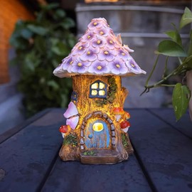 Solar Garden Outdoor Statues，Light up Fairy Mushroom Figurines Courtyard Lawn Decoration, Fairy Outdoor Micro House, Resin DIY Fairy Garden Accessories