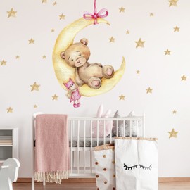 WANDKIND Bear on the Moon Wall Sticker V291 | Hand Drawn | Sticker Nursery | Wall Sticker for Children's Room Teddy Bear with Stars Teddy (60 x 83 cm)