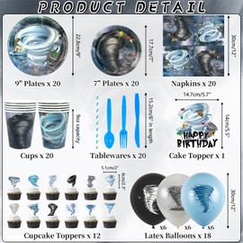 KEFAN Tornado Birthday Party Decorations, Tornado Theme Party Tableware Supplies including HAPPY BIRTHDAY Banner, Plates, Cups, Napkins, Tablecloth, Balloons for Tornado Birthday Party, Serves 20