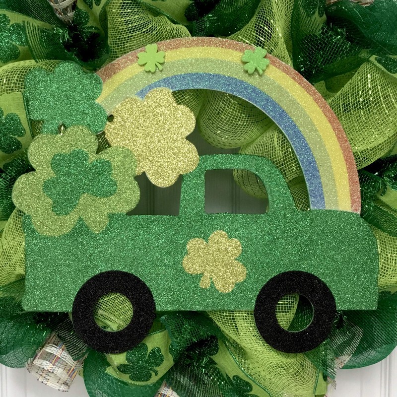 St Patricks Day Shamrock Truck With Rainbow Handmade Deco Mesh
