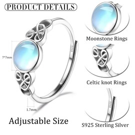 SAILIMUE 925 Sterling Silver Moonstone Ring for Women Celtic Knot Rings 18K White Gold Plated Moonstone Adjustable Rings
