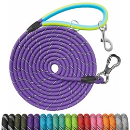 NTR Dog Rope Leash, 10FT Recall Training Lead, with 2 Swivel Hooks, Reflective Threads and Soft Rubber Handle, Puppy Leash for Walking, Hunting, Camping for Small Medium and Large Dogs-Purple