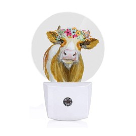 Axayaz Brown White Cow Dusk to Dawn Round Night Light Farm Animal with Flower Wreath Auto Sensor Lamp Home Indoor Stairway Kitchen Corridor