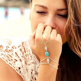 Andelaisi Boho Layered Finger Bracelet Silver Turquoise Finger Ring Bracelet Ring Link Wrist Bracelet Turquoise Slave Bracelet Jewelry for Women and Girls
