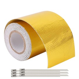 Hitzeschutzband Auspuff 10M x 5cm, Auspuffband Selbstklebend mit 6 Kabelbinder Hitzebeständige Folie Auto Aluminiumfolie Hitzeschild Wickelband für Automotorhauben Motorrad (Gold)
