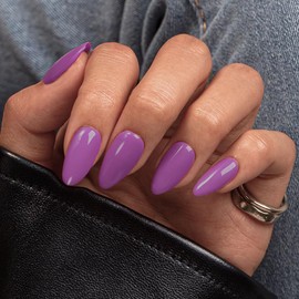 SXVME Berry Purple Press On Nails Almond - Acrylic Press On Nails Medium Stiletto, Opaque Solid Plum Fake Nails with Glue, Fit Perfectly, Reusable Soft Gel Stick on Nails for Women, 24 Pcs