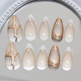 White French Tip Press on Nails Star Fake Nails with 3D Gold Design Nude Glue on Nails Glossy Artificial Acrylic Full Cover Rhinestone Stick on Nails Short Almond False Nails for Women Manicure