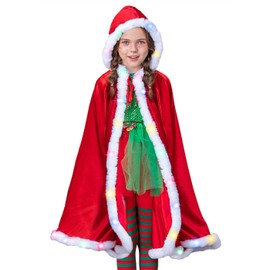 Unicra Christmas Velvet Cape Light up Xmas Cloak Cosplay Costume LED Santa Claus Hooed Cape Robe for Women and Girls