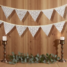 Boho Vintage White Floral Lace Pennant Bunting Banners - Beige Fabric Triangle Flags Garland for Wedding, Bridal Shower, Valentine's Day, Birthday Party Decor