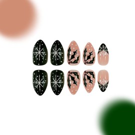 24Pcs Fake Nails Press on Nails Medium Short Almond French Tip with Green Snowflake Design Acrylic False Nails Thick Glossy Full Cover Glue on Nails Stick on Nails for Women DK-SD13