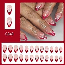 Red French Press on Nails Almond Medium QUNQINLI Fake Nails Nude False Nails Press ons Cute Glue on Nails Spring Flower Design Artificial Acrylic Nails Glossy Stick on Nails for Women 24 Pcs
