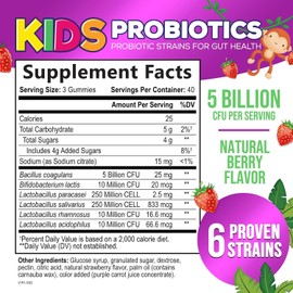 Nature's Nutrition Probióticos para niños 5 mil millones de UFC - Suplemento natural para el sistema inmunitario y la salud digestiva - Gomita probiótica diaria para niños mayores de 4 años. Vegano, s