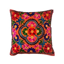 Original kikan Suzani Multi Colour Floral Embroidery 16"x16" 40 x 40 cm Indian Ethnic Cushion Cover Takiya Sofa pillow Zipper Back