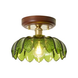10 inch Green Glass Wood Copper Base Semi Flush Mount Ceiling Light Fixture Vintage Hallway Light Fixture, Modern Farmhouse Ceiling Mount Light for Bedroom Kitchen Entryway Laundry Room Porch Foyer