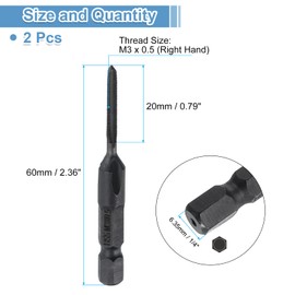 sourcing map 2pcs Straight Flute Thread Tap, M3 x 0.5 Metric Thread 1/4" Hex Shank Screw Threading Tapping Tool Thread Milling Machine Taps, High-Speed Steel 6542 (HSS 6542)