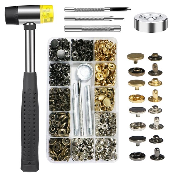 120 Set Snap Fasteners Kit, Metal Snaps Buttons Press Studs with Hammer and 4 Pieces Installation Tool, for Leather, Coat, Jeans Wear, Bags, DIY Craft, Shoes, Belts Repair 4 Colors