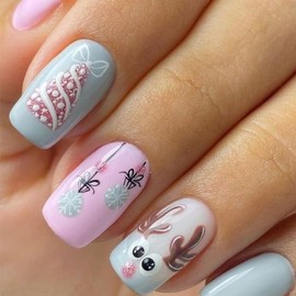 LBPEPAMZ Christmas Press on Nails Short Square Fake Nails with Glitter Xmas Tree Designs Cute Elk Snowman Bell False Nails Pink Bling Reindeer Full Cover Glossy Acrylic Stick on Nails for Women 24Pcs