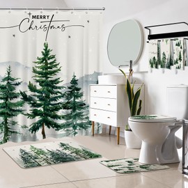 HunnmingRe 7 Pcs Christmas Shower Curtain Sets Merry Christmas Tree Waterproof Shower Curtain with Non Slip Rugs Towels Toilet Lid Cover Bath Mat and 12 Hooks for Xmas Bathroom Decor(Green,Tree)