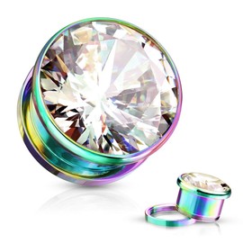 Pierced Owl Stainless Steel Bezel Set Clear Gem Screw Fit Plug Gauges, Sold As Pair (Rainbow, 5mm (4GA))