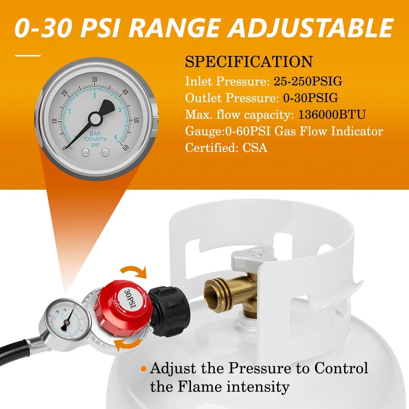 NUPICK 12FT 0-30 PSI Adjustable High Pressure Propane Regulator with