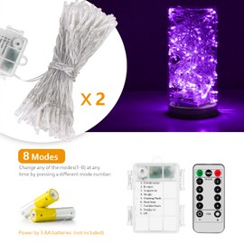 Koxly String Lights, 2 Pack Battery Operated String Lights with Remote Timer Waterproof 8 Modes String Lights for Bedroom,Garden,Party,Xmas Tree Indoor Outdoor Decorations (Purple, 16.4)