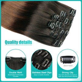 SURNEL Clip in Hair Extensions Real Human Hair Color 1B Off Black Fading to 4 Middle Brown Full Head Thick End Long Straight Clip in Hair Extensions for Women 18 inch 120 Gram 6Pcs (#1BT4,18'')