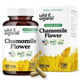 Wild & Organic Chamomile Extract Capsules 800 mg - Relaxation & Digestive Support - Chamomile Flower Extract Supplement - Matricaria Recutita Herb - Vegan, No Fillers, Non-GMO - 120 Count